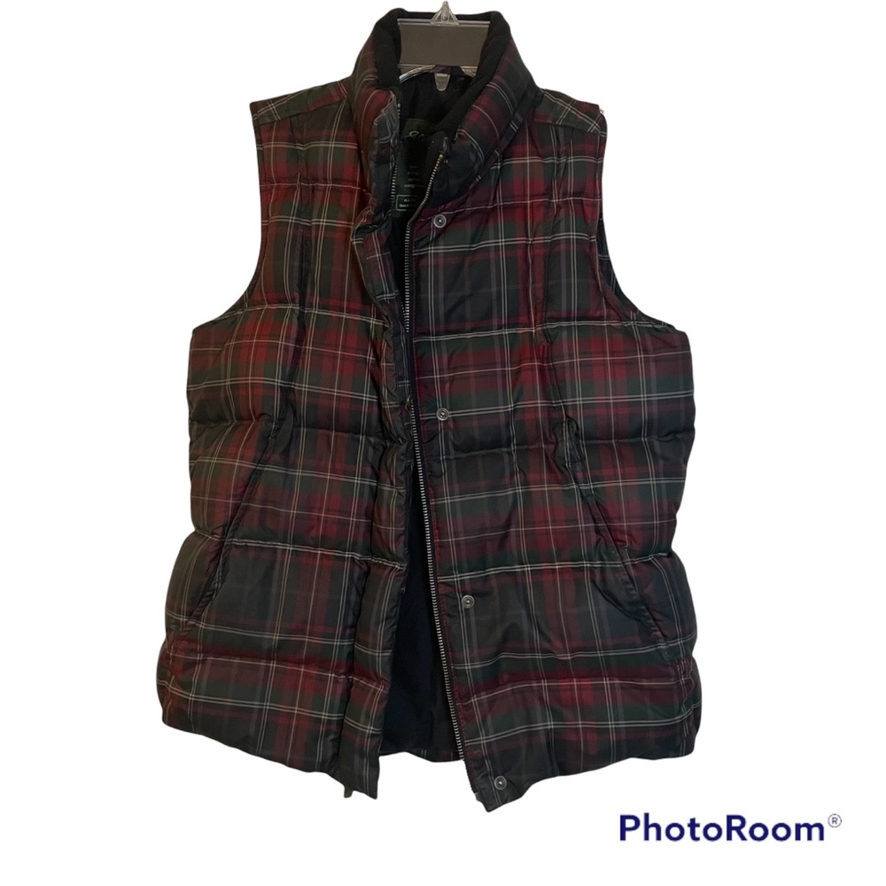 Eddie Bauer plaid quilted down vest XS red green